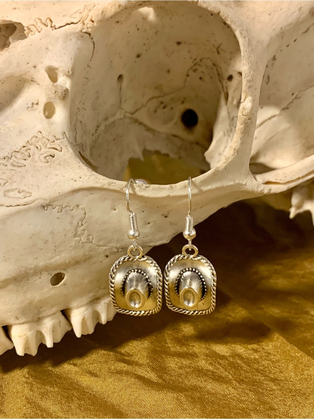 Western Cowboy Hat Dangle Earrings in Silver